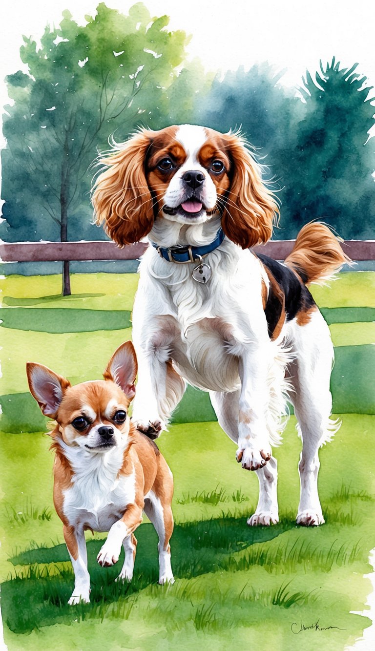 A Cavalier King Charles Spaniel and a Chihuahua playing in a park, showcasing their different sizes and characteristics