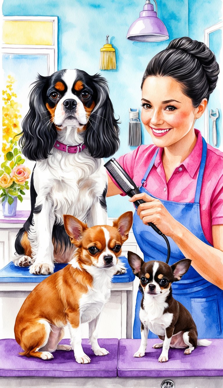 A Cavalier King Charles Spaniel and a Chihuahua being groomed and pampered by a professional pet groomer in a bright and cheerful grooming salon
