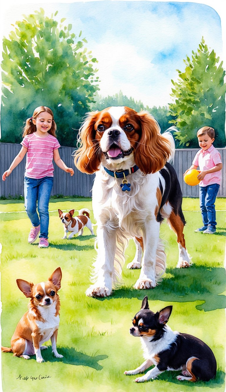 A Cavalier King Charles Spaniel playing with children and other pets in a spacious, sunlit backyard. A Chihuahua sitting nearby, observing the playful interaction