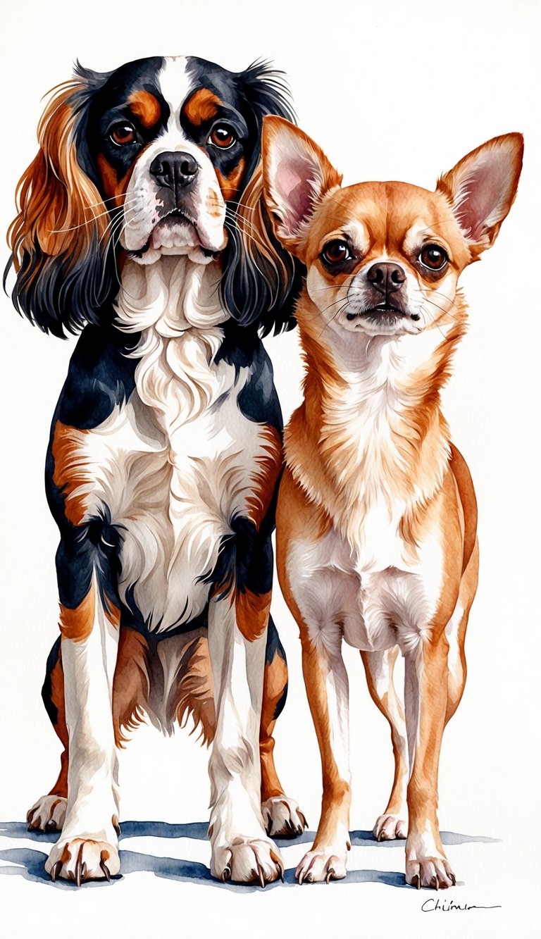 A Cavalier King Charles Spaniel and a Chihuahua stand side by side, showcasing their distinct differences in size, coat color, and ear shape, while also displaying their similarities in their playful and affectionate nature