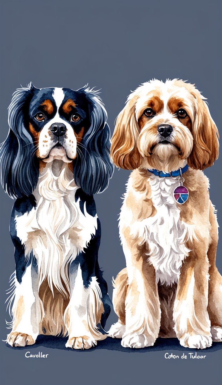 A Cavalier King Charles Spaniel and a Coton De Tulear stand side by side, showcasing their distinct physical characteristics. The Cavalier has a long, silky coat and feathered ears, while the Coton has a fluffy, cotton-like coat and dark, round eyes