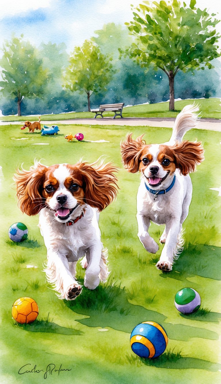 A Cavalier King Charles Spaniel and a Coton De Tulear playing and running in a park, with toys scattered around them