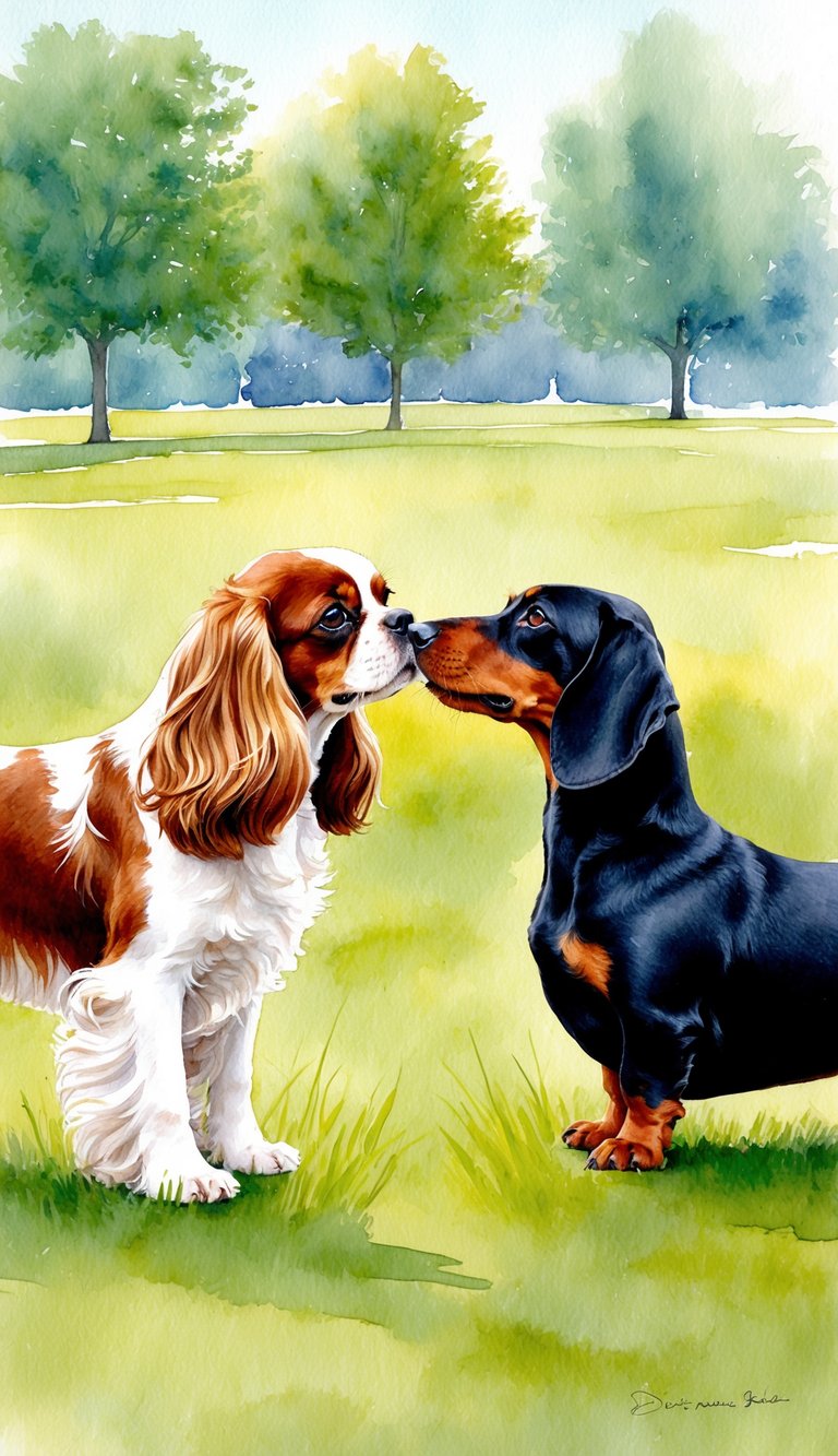 A Cavalier King Charles Spaniel and a Dachshund stand facing each other, tails wagging, in a grassy park. The Spaniel is elegant and regal, while the Dachshund is alert and curious
