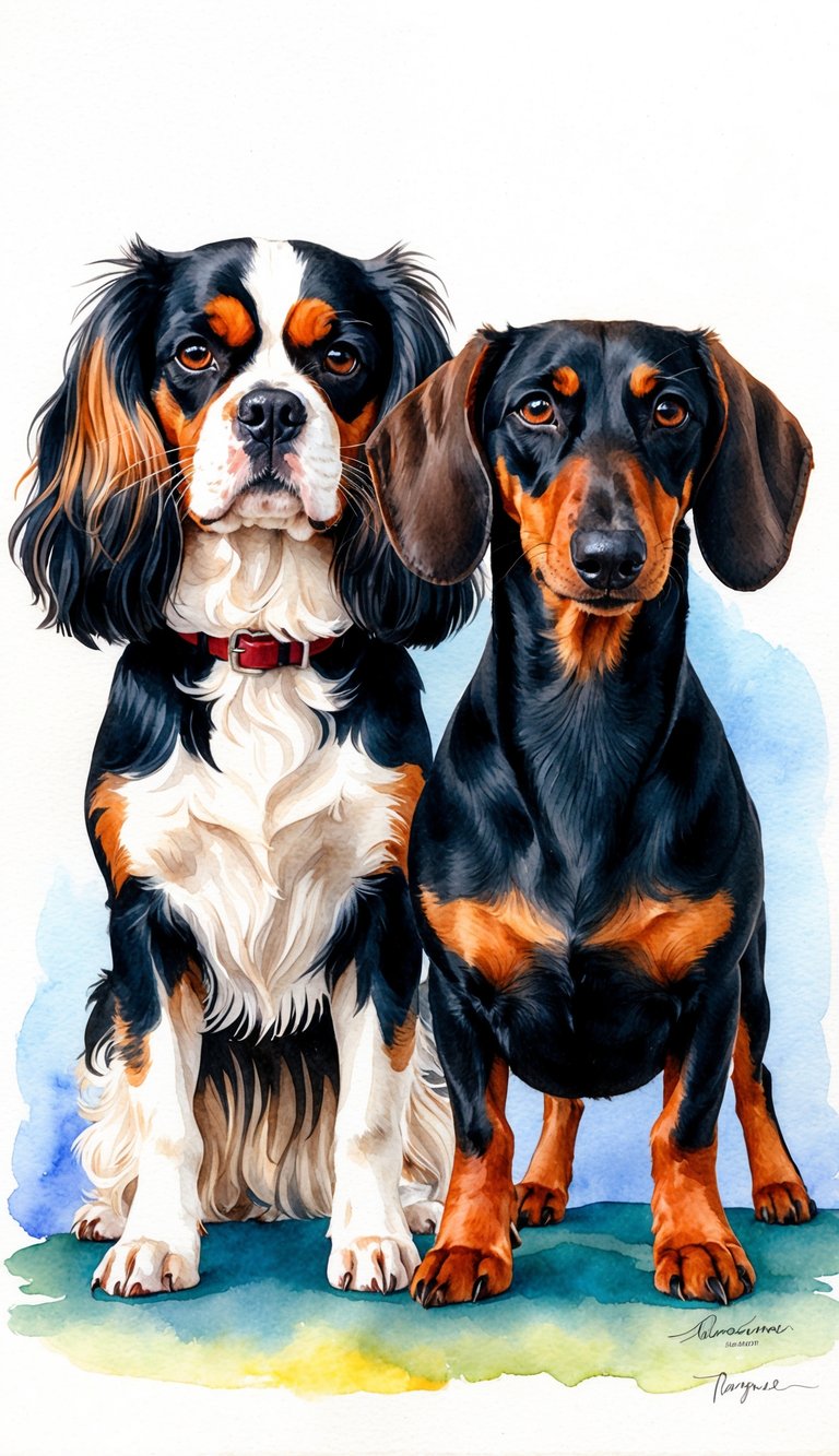 Two dogs, a Cavalier King Charles Spaniel and a Dachshund, stand side by side, each representing their breed's unique history and origins