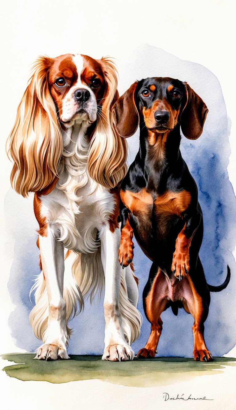 A Cavalier King Charles Spaniel and a Dachshund stand side by side, showcasing their distinct physical features. The Spaniel's long, silky fur and elegant posture contrasts with the Dachshund's short legs and elongated body