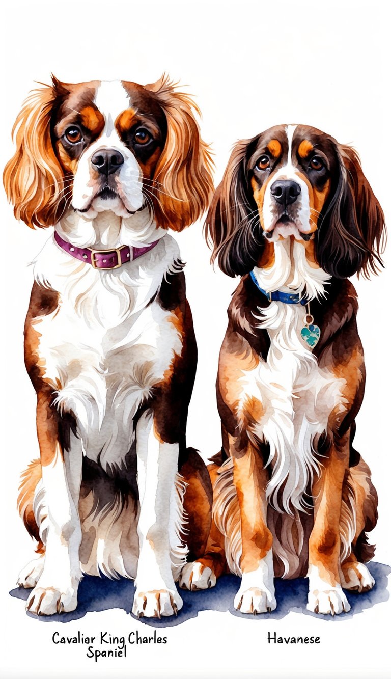 A Cavalier King Charles Spaniel and a Havanese stand side by side, representing their respective breed origins and history