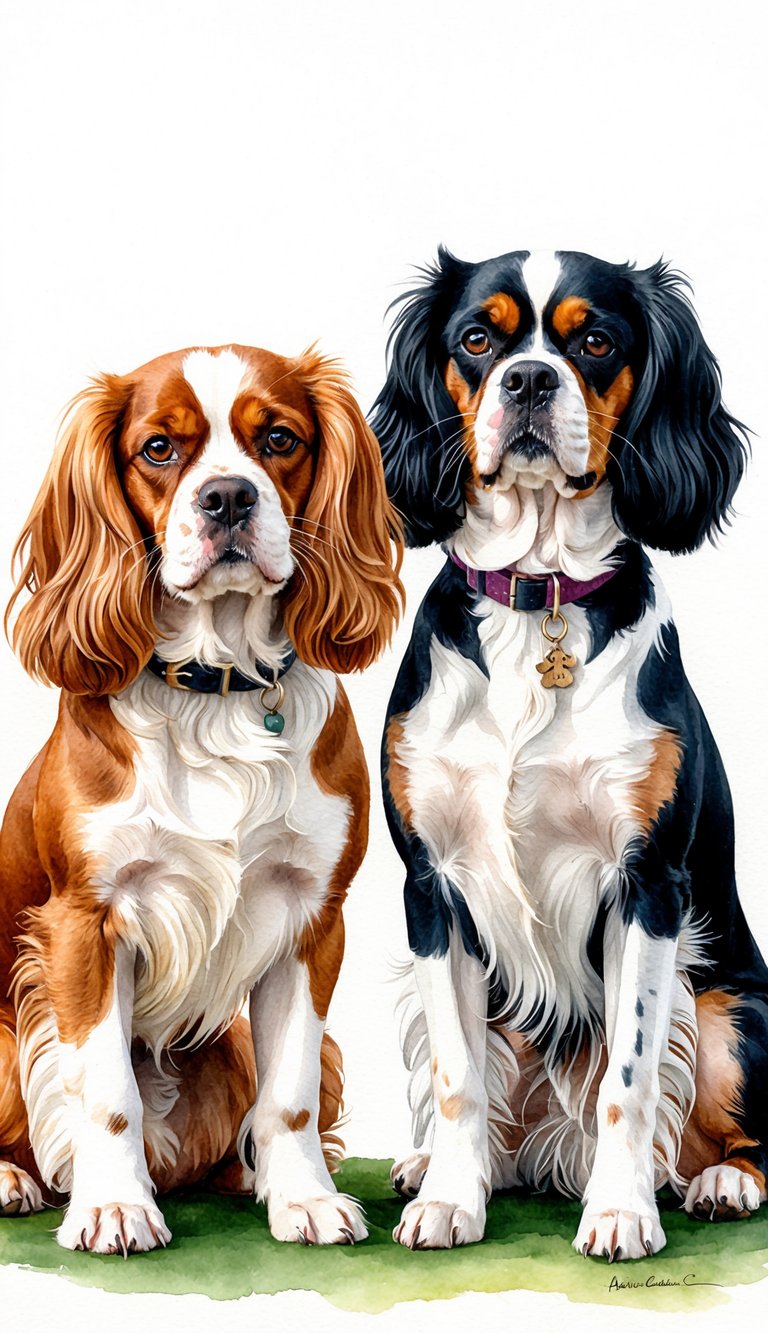 A Cavalier King Charles Spaniel and a Havanese stand side by side, each displaying their unique personality traits through their body language and facial expressions