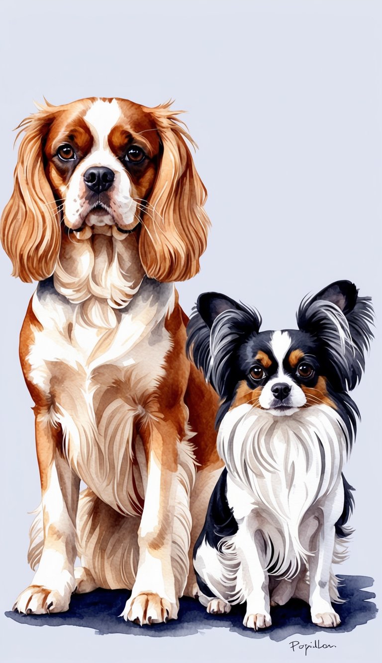 A Cavalier King Charles Spaniel and a Papillon stand side by side, showcasing their distinct physical characteristics. The Cavalier is larger with a silky coat, while the Papillon is smaller with distinctive butterfly-like ears