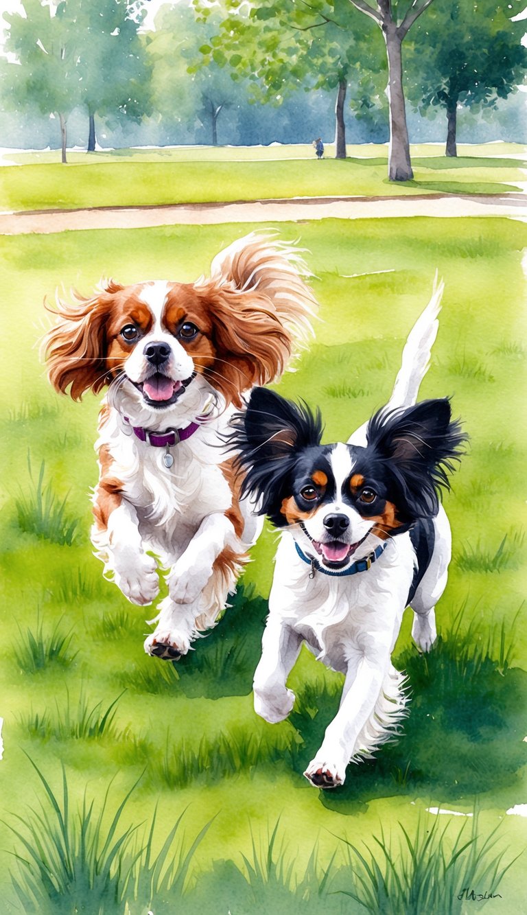 A Cavalier King Charles Spaniel and a Papillon playfully chase each other in a grassy park, showcasing their energetic and active nature