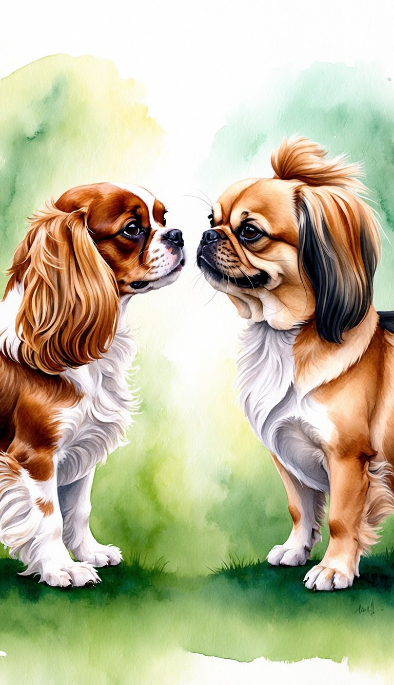 Two small dogs face off, one a Cavalier King Charles Spaniel, the other a Pekingese. They stand on opposite sides, ready to engage in a playful yet determined manner