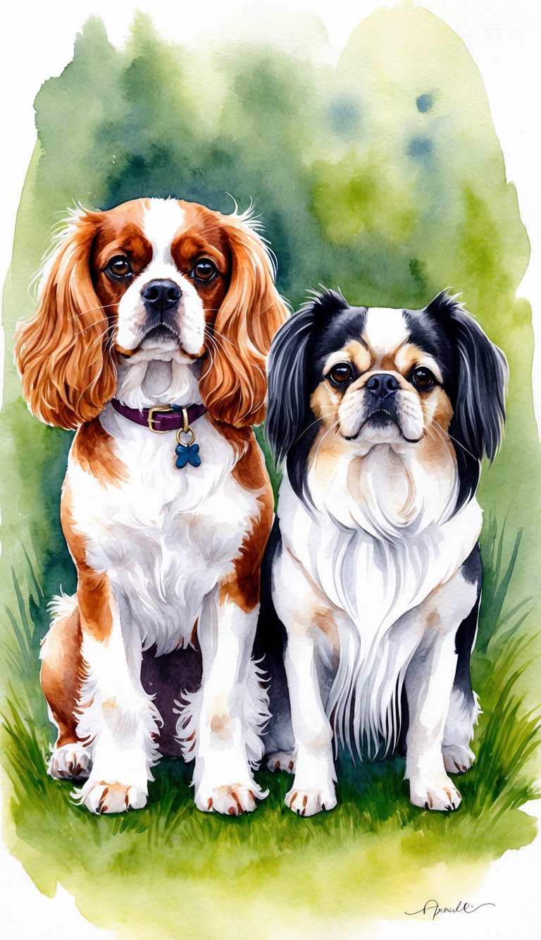 A Cavalier King Charles Spaniel and a Pekingese stand side by side, showcasing their distinct features and personalities