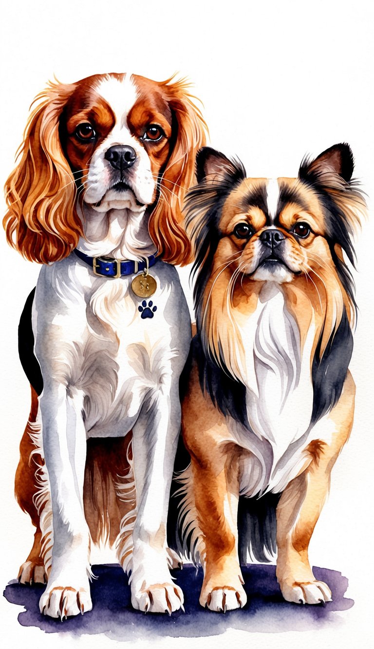 A Cavalier King Charles Spaniel and a Pekingese standing side by side, showcasing their distinct features and personalities