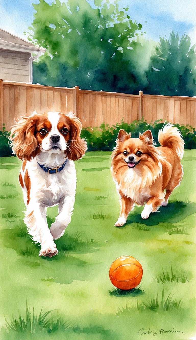 A Cavalier King Charles Spaniel and a Pomeranian playing fetch in a sunny backyard