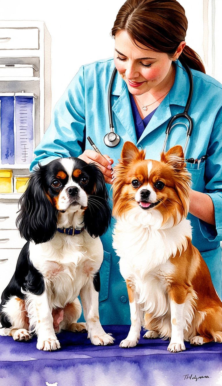 A veterinarian examines a Cavalier King Charles Spaniel and a Pomeranian, comparing their size, weight, and overall health