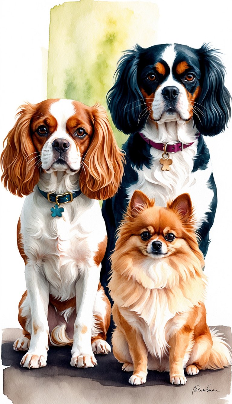 A Cavalier King Charles Spaniel and a Pomeranian stand side by side, with attentive expressions, ready for training and intelligence comparison