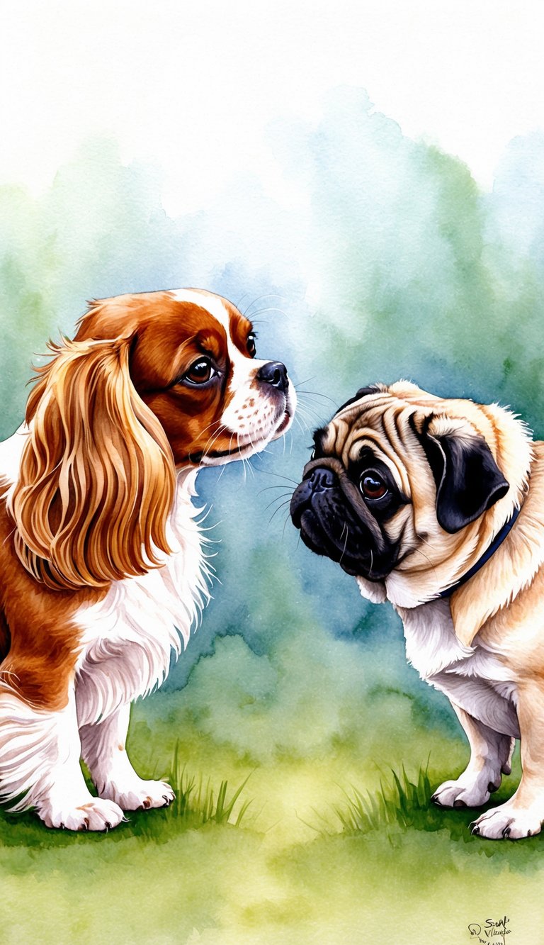 Two small dogs, a Cavalier King Charles Spaniel and a Pug, facing each other with curious expressions, their tails wagging in a friendly manner