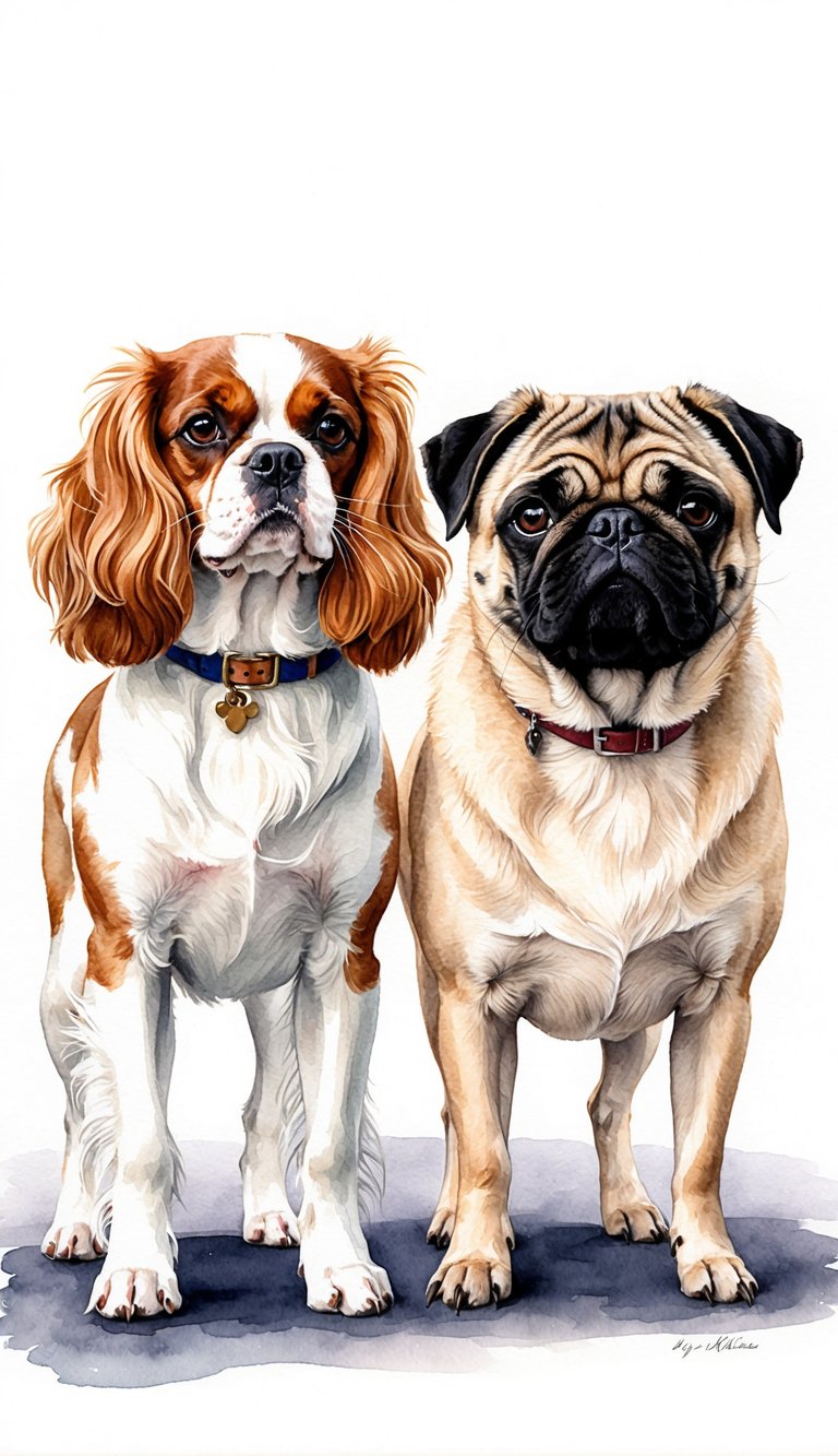 Two elegant dogs, a Cavalier King Charles Spaniel and a Pug, stand side by side, representing their respective breed origins and history