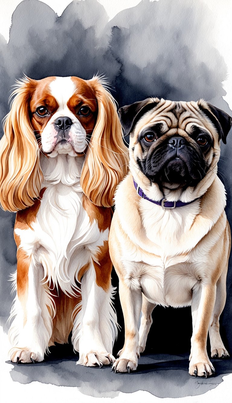 A Cavalier King Charles Spaniel and a Pug stand side by side, showcasing their distinct physical characteristics. The Spaniel's long, silky fur contrasts with the Pug's wrinkled face and compact build