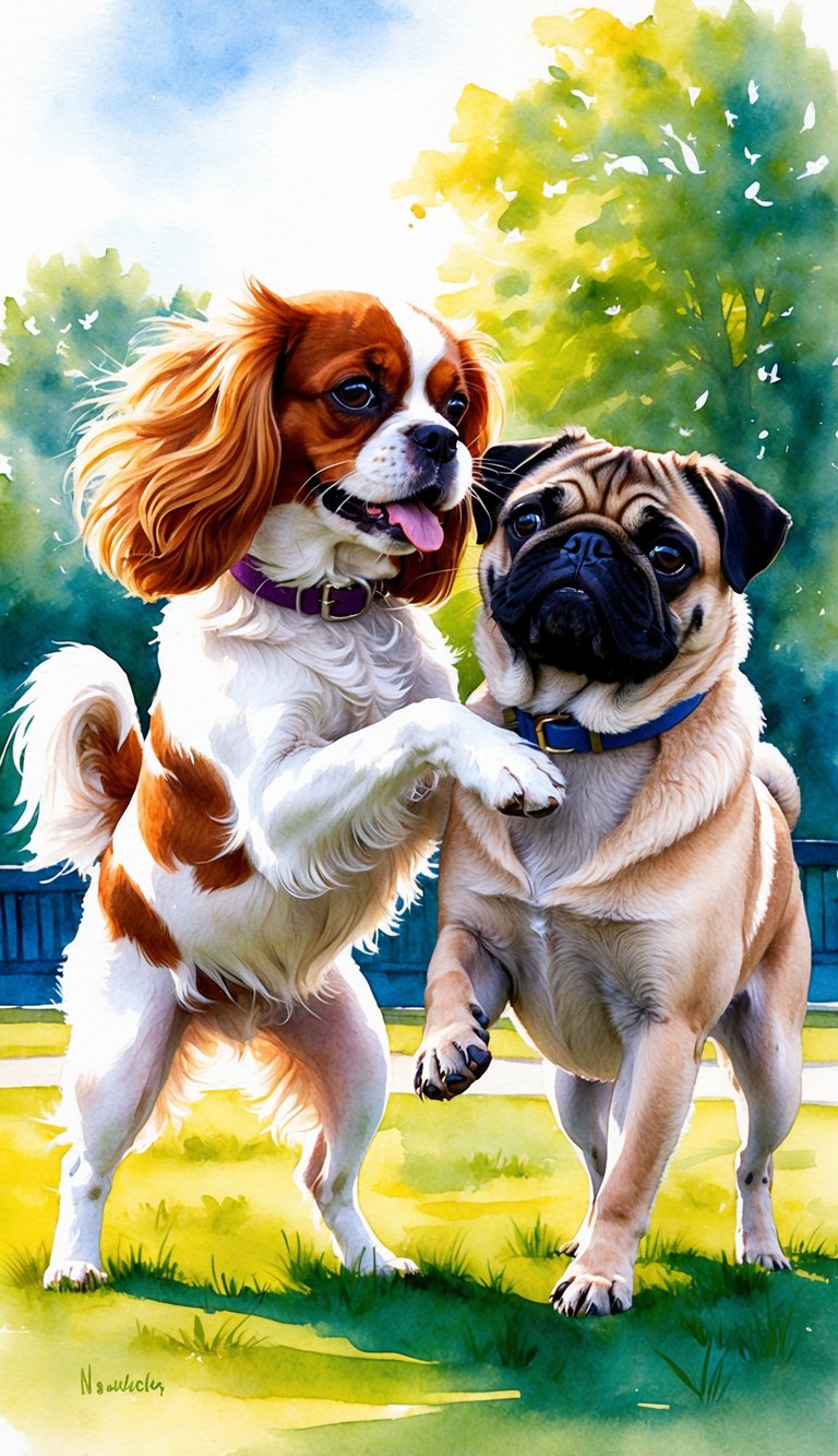 A Cavalier King Charles Spaniel and a Pug playfully interact in a sunlit park, showcasing their distinct temperaments and personalities