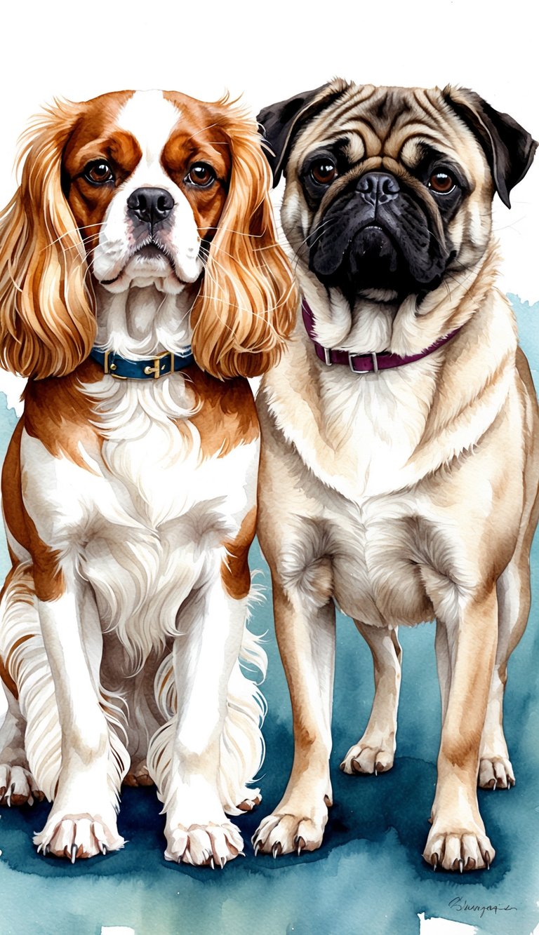 Two dogs, a Cavalier King Charles Spaniel and a Pug, standing side by side, with a focus on their facial features and body structure