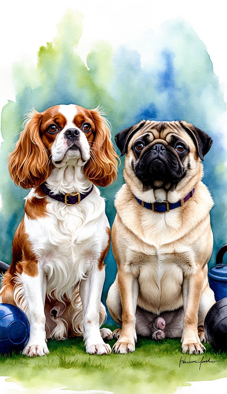 A Cavalier King Charles Spaniel and a Pug sit side by side, looking up attentively with their ears perked, surrounded by various training equipment