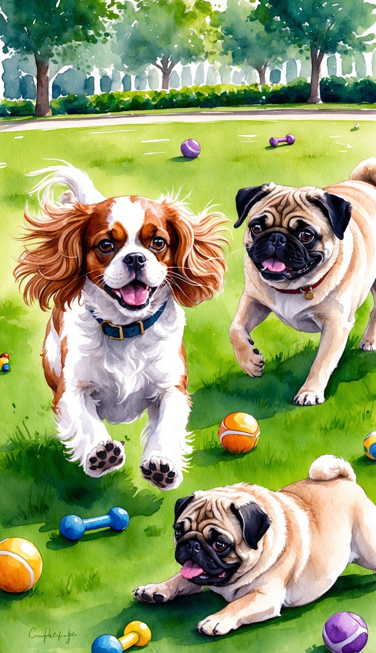 A Cavalier King Charles Spaniel and a Pug playing in a vibrant, grassy park, with toys scattered around them. The Spaniel is running energetically, while the Pug is playing more leisurely