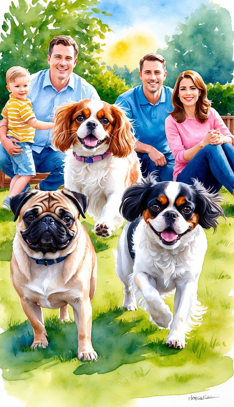 A Cavalier King Charles Spaniel and a Pug playing together in a sunny backyard, surrounded by a happy family