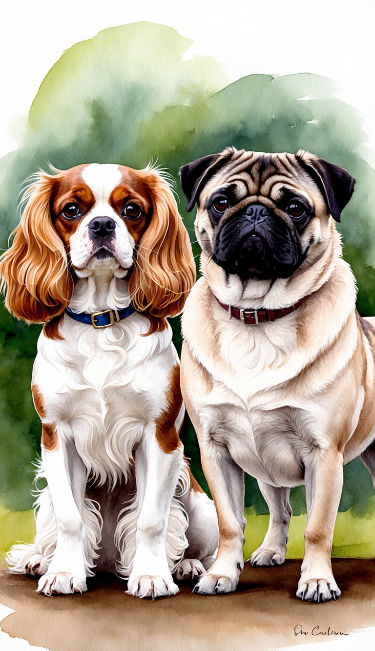 A Cavalier King Charles Spaniel and a Pug stand side by side, their distinct features and body shapes highlighted, in a friendly comparison
