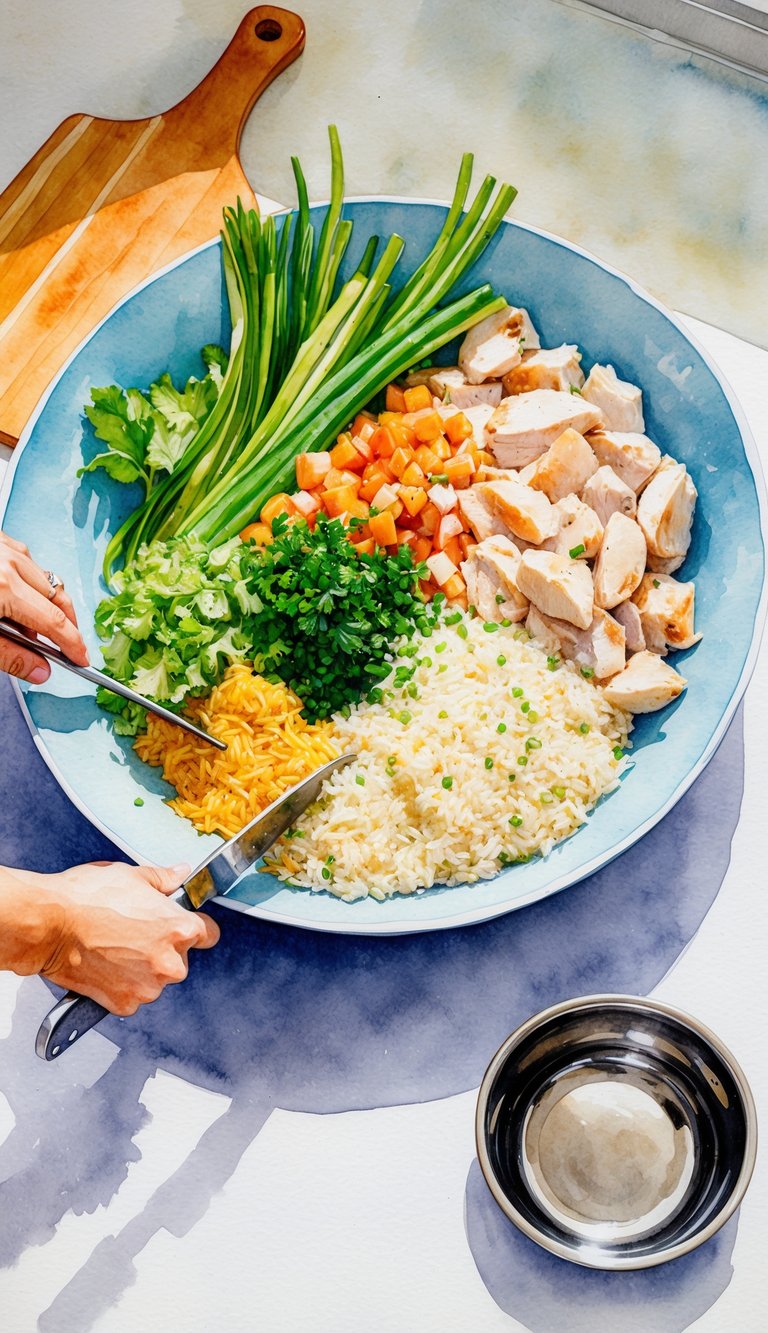 A kitchen counter with fresh ingredients (chicken, rice, vegetables) being chopped and mixed together in a bowl, with a small dog bowl nearby