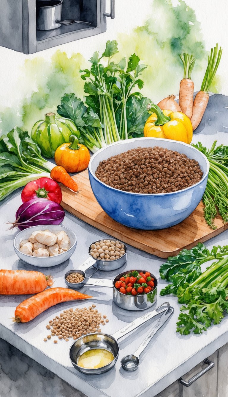 Affenpinscher puppy food ingredients laid out on a kitchen counter with a mixing bowl and measuring utensils, surrounded by fresh vegetables and protein sources