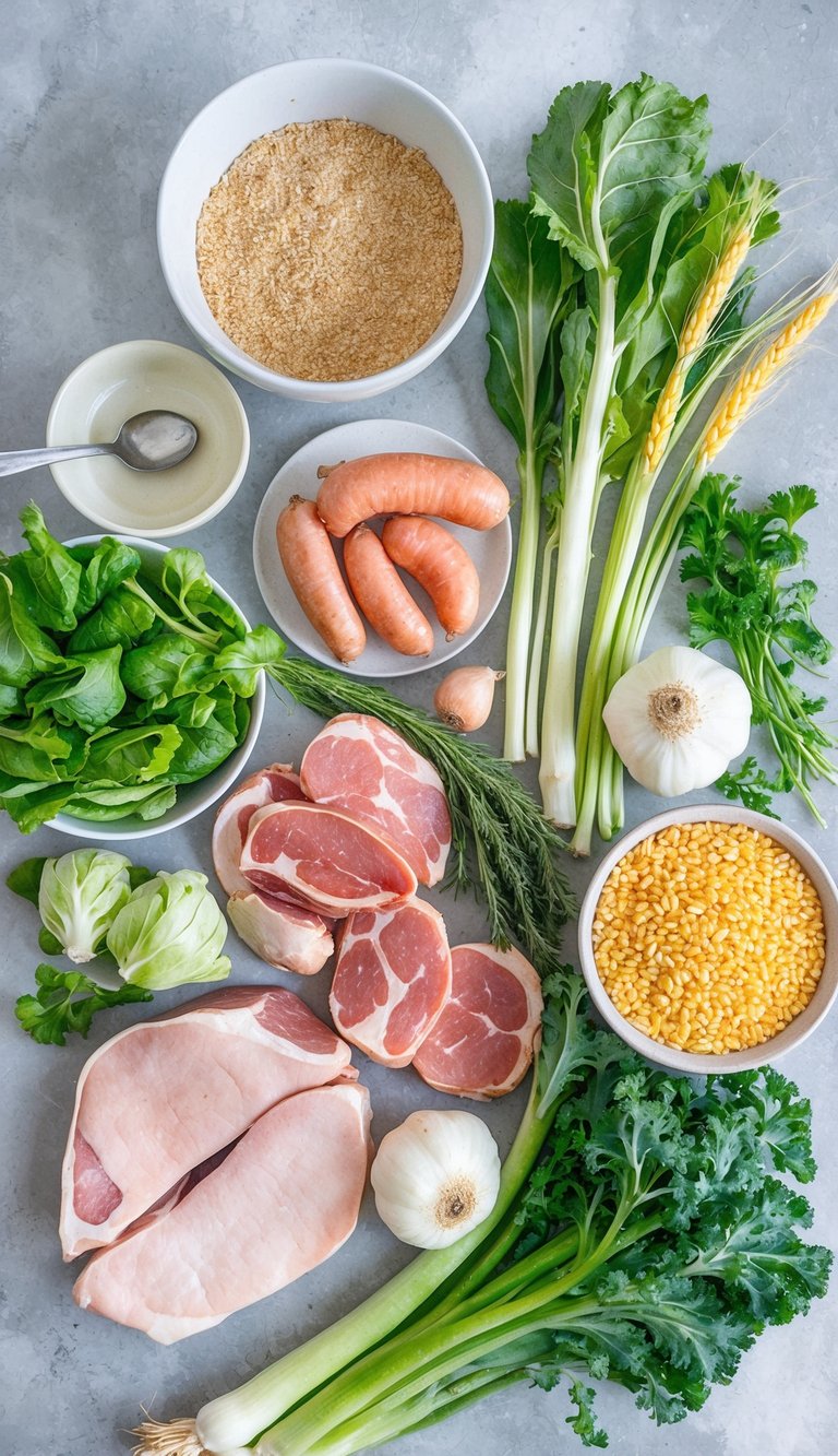 A variety of fresh meats, vegetables, and grains spread out on a kitchen counter, with a small bowl and spoon ready for mixing