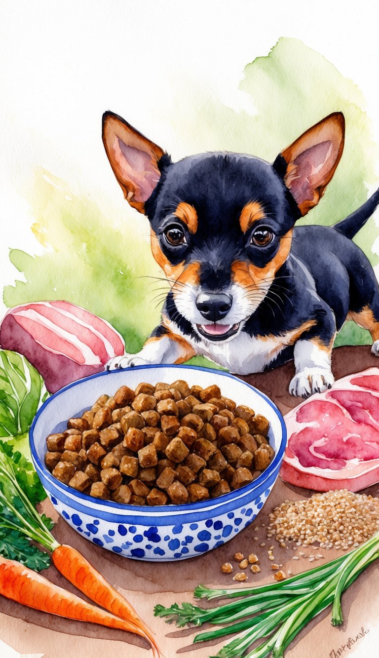 A small bowl filled with homemade puppy food sits next to a playful Affenpinscher, surrounded by fresh ingredients like meat, vegetables, and grains