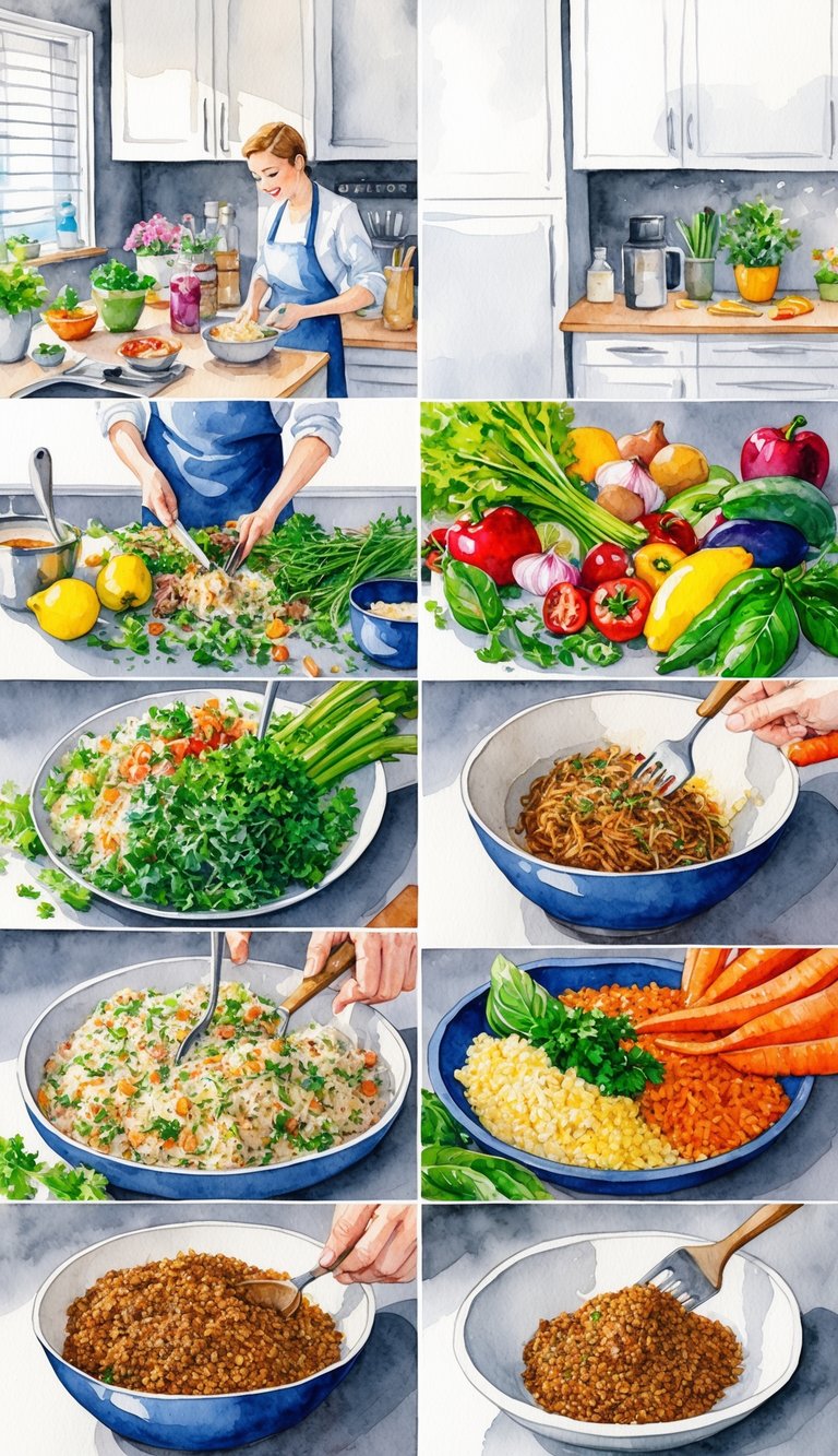 A colorful array of fresh ingredients being chopped, mixed, and cooked in a kitchen, creating a nutritious homemade meal for an Affenpinscher puppy
