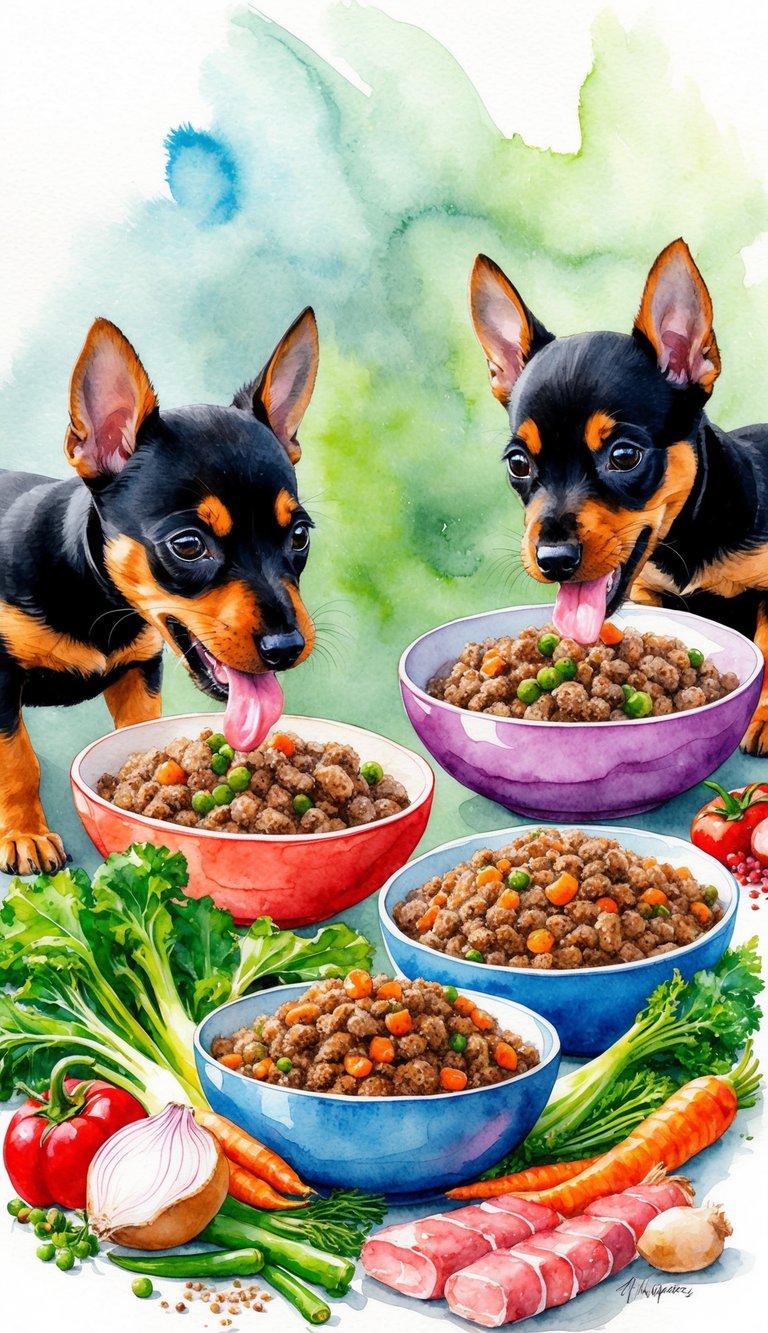 Affenpinscher puppies eagerly eat from colorful, freshly made bowls of homemade puppy food, surrounded by vibrant, healthy ingredients like lean meats, vegetables, and grains