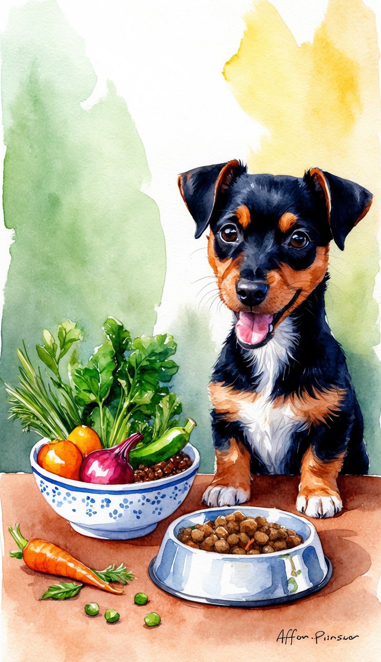 A small bowl of homemade puppy food with fresh ingredients, next to a cute Affenpinscher eagerly waiting to eat