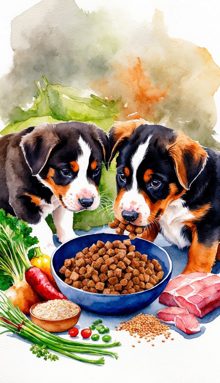 African Boerboel puppies eating from a bowl of homemade puppy food surrounded by fresh ingredients like meat, vegetables, and grains