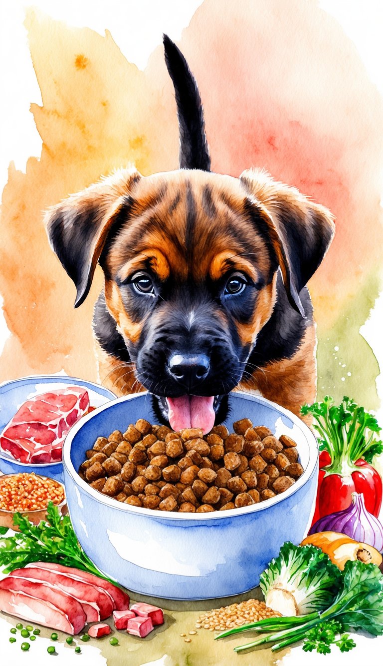 An African Boerboel puppy eagerly eats from a bowl filled with homemade puppy food, surrounded by fresh ingredients like meat, vegetables, and grains