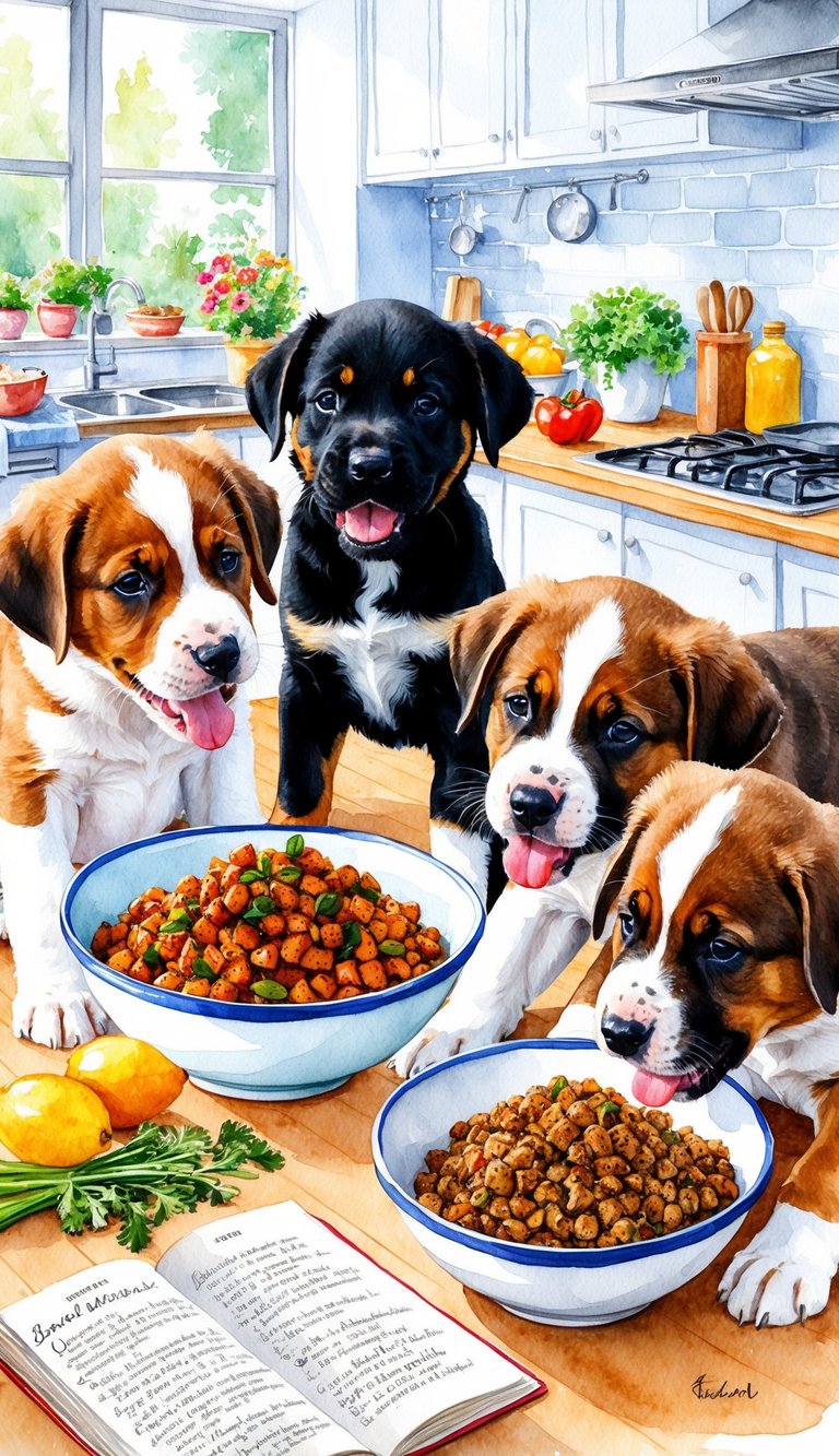 African Boerboel puppies eagerly eating from homemade food bowls. Ingredients and recipe book nearby. Bright kitchen backdrop with natural light