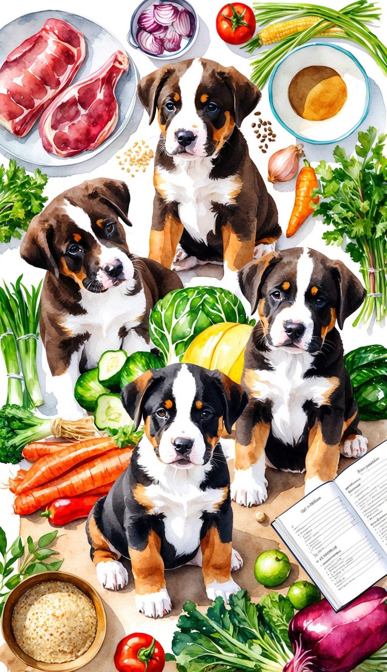 African Boerboel puppies surrounded by fresh ingredients like meat, vegetables, and grains, with a mixing bowl and recipe book nearby