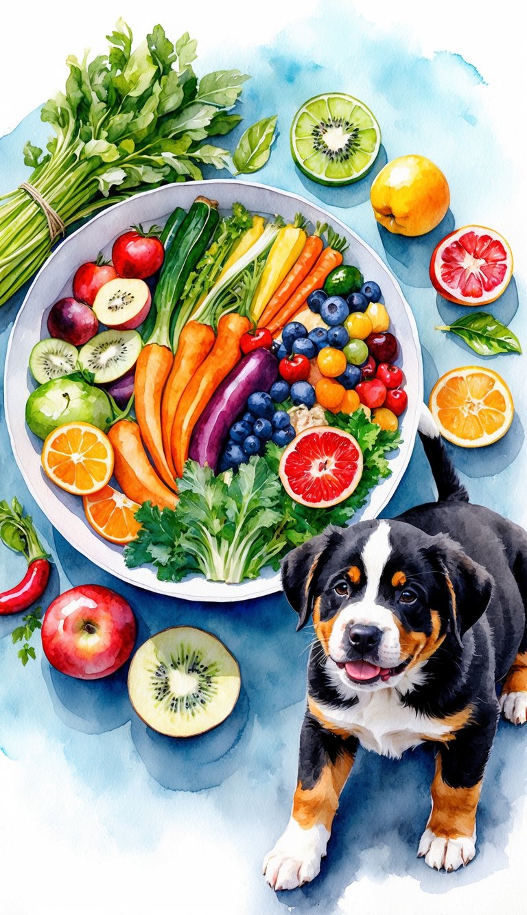 A bowl filled with colorful fruits and vegetables, along with a variety of vitamins and minerals, sits next to a playful African Boerboel puppy