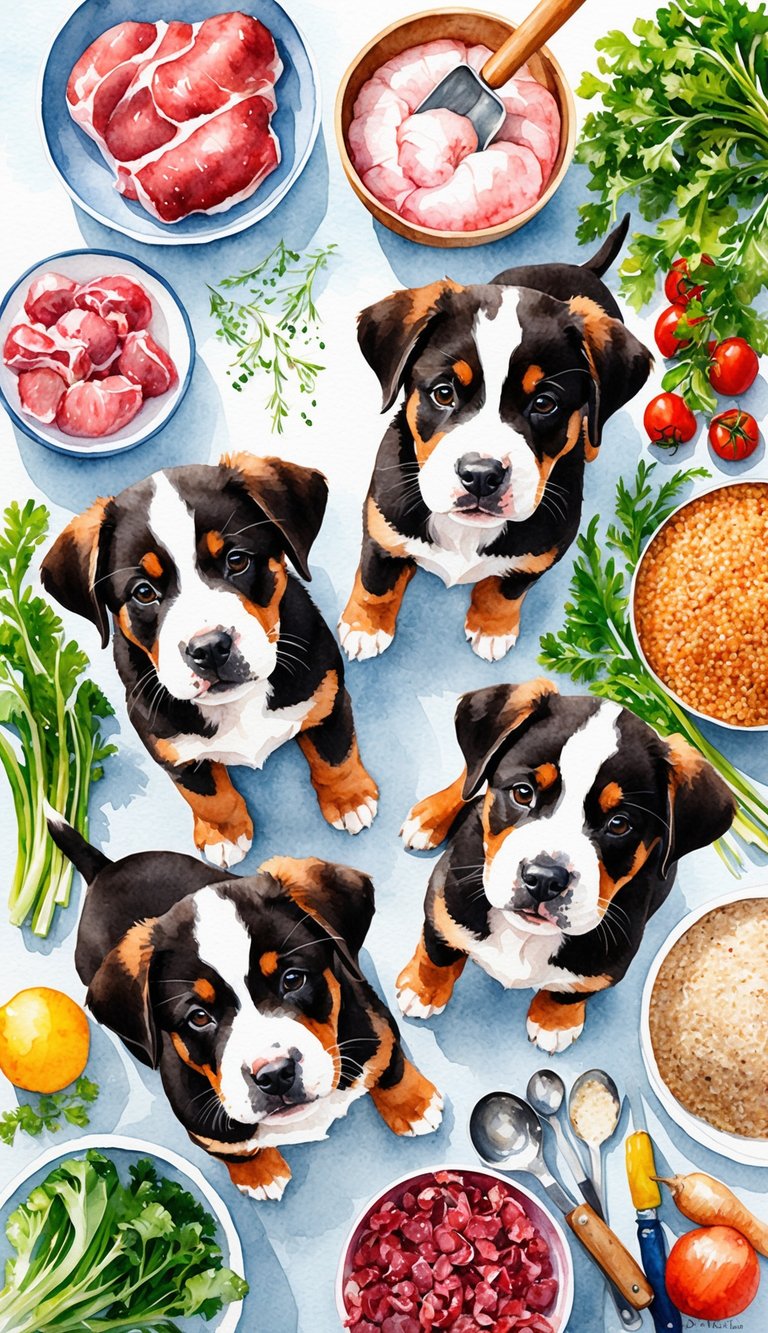 African Boerboel puppies surrounded by fresh ingredients like meat, vegetables, and grains, with a mixing bowl and cooking utensils on a kitchen counter