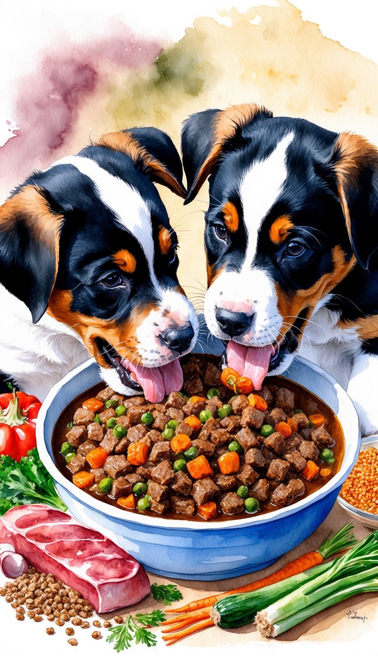 African Boerboel puppies eagerly eating from a bowl of homemade puppy food, surrounded by ingredients like meat, vegetables, and grains
