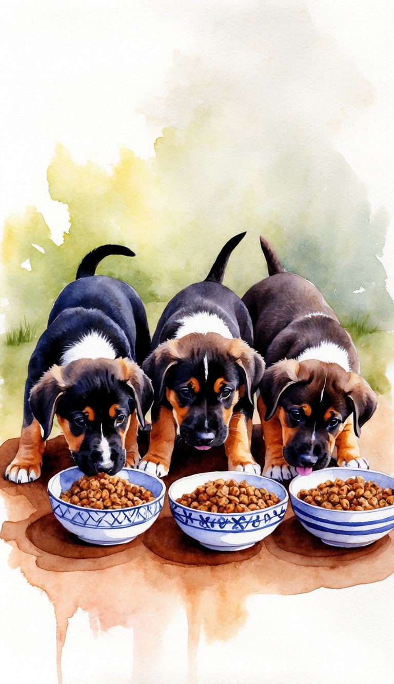 African Boerboel puppies eagerly eating from bowls of homemade puppy food