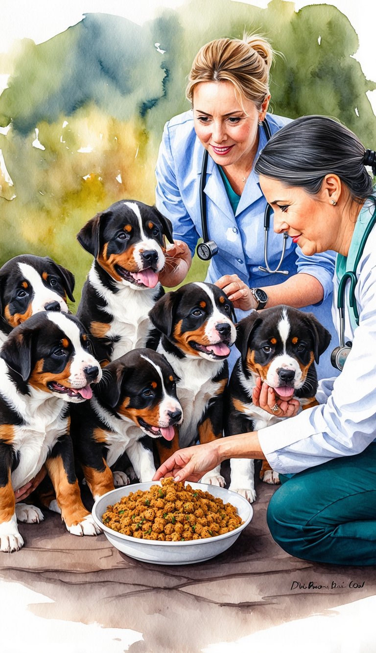 African Boerboel puppies eagerly eating homemade food while a veterinarian or nutritionist observes and consults with the owner