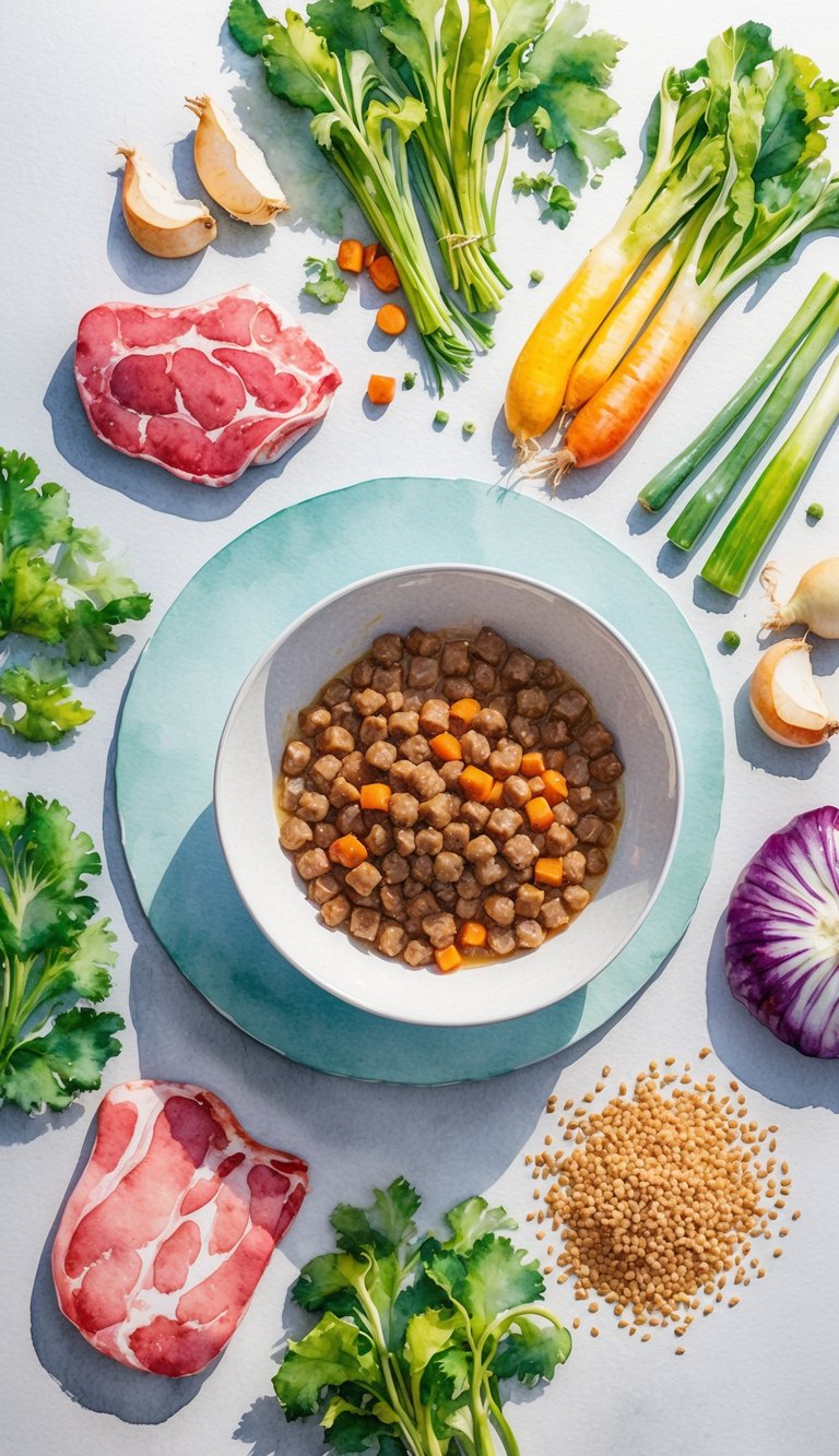 A bowl of freshly prepared, balanced puppy food sits on a clean, non-slip surface, surrounded by colorful, nutrient-rich ingredients like lean meat, vegetables, and grains