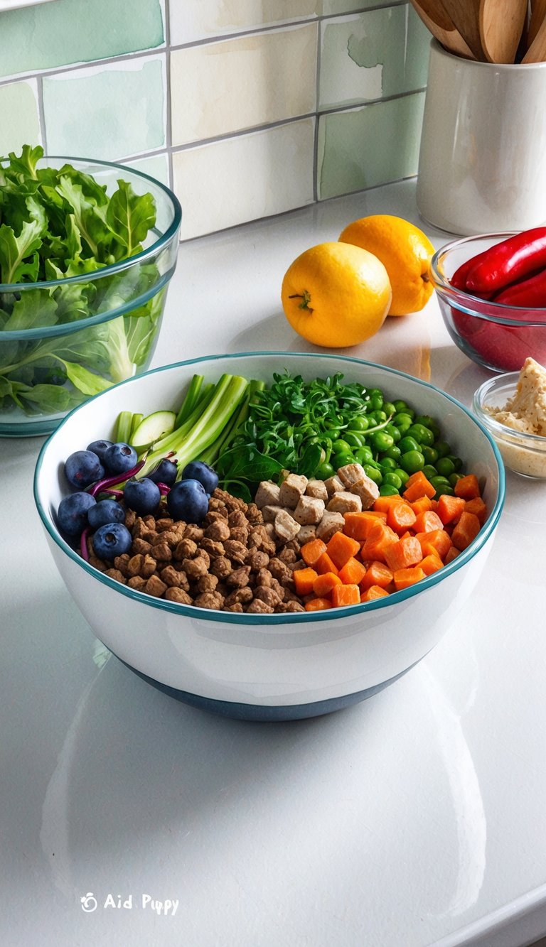 A bowl of fresh, colorful ingredients arranged on a clean kitchen counter, ready to be prepared into a nutritious meal for an Aidi puppy