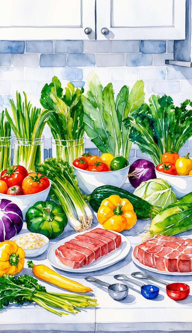 A variety of fresh, colorful vegetables and high-quality meat arranged on a clean kitchen counter, with measuring spoons and bowls ready for preparation