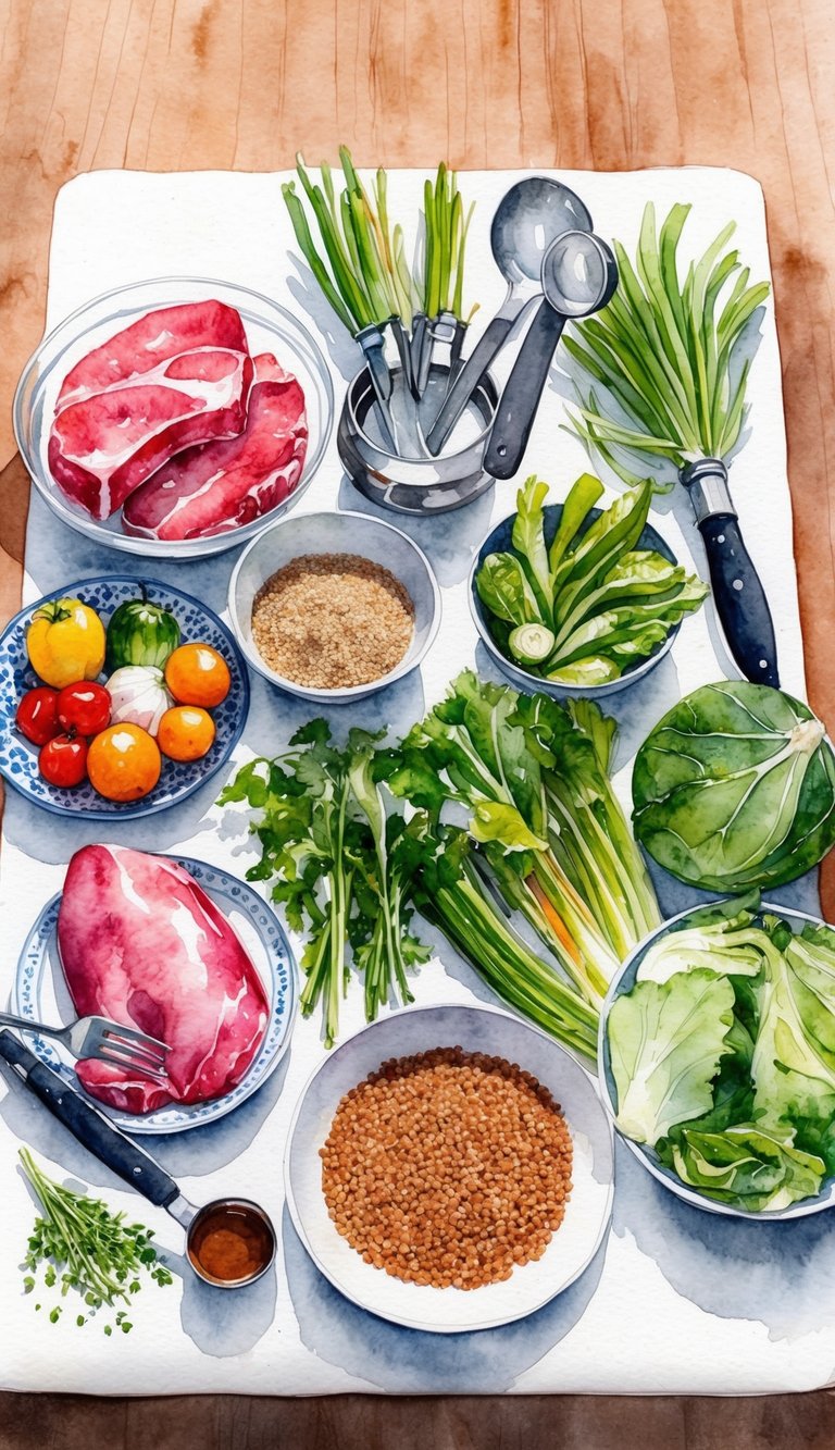 A table with assorted fresh ingredients and cooking utensils for preparing homemade puppy food, including meat, vegetables, and grains