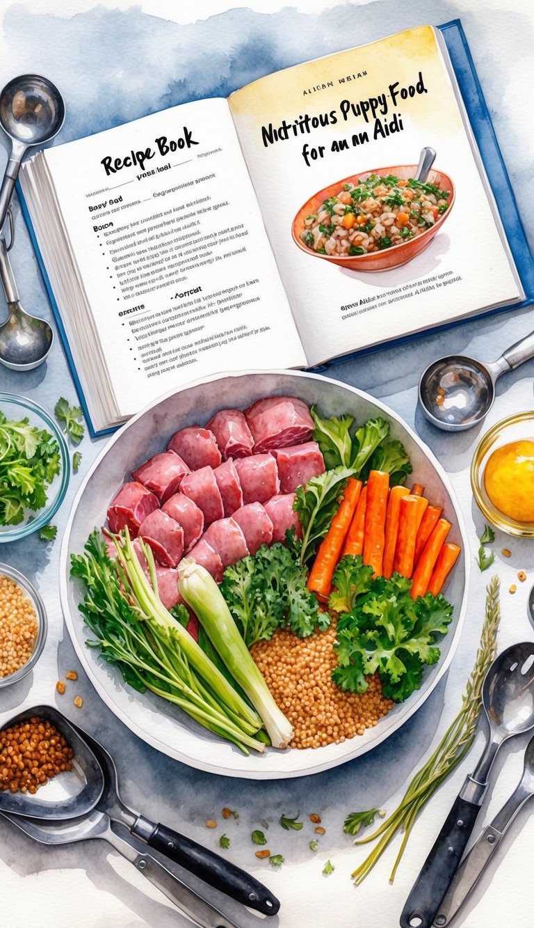 A bowl filled with fresh ingredients: lean meat, vegetables, and grains, surrounded by a variety of cooking utensils and a recipe book open to a page titled "Nutritious Puppy Food for an Aidi."