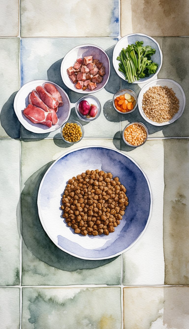 A bowl of freshly prepared puppy food sits on a clean, tiled floor, surrounded by carefully measured portions of ingredients like meat, vegetables, and grains